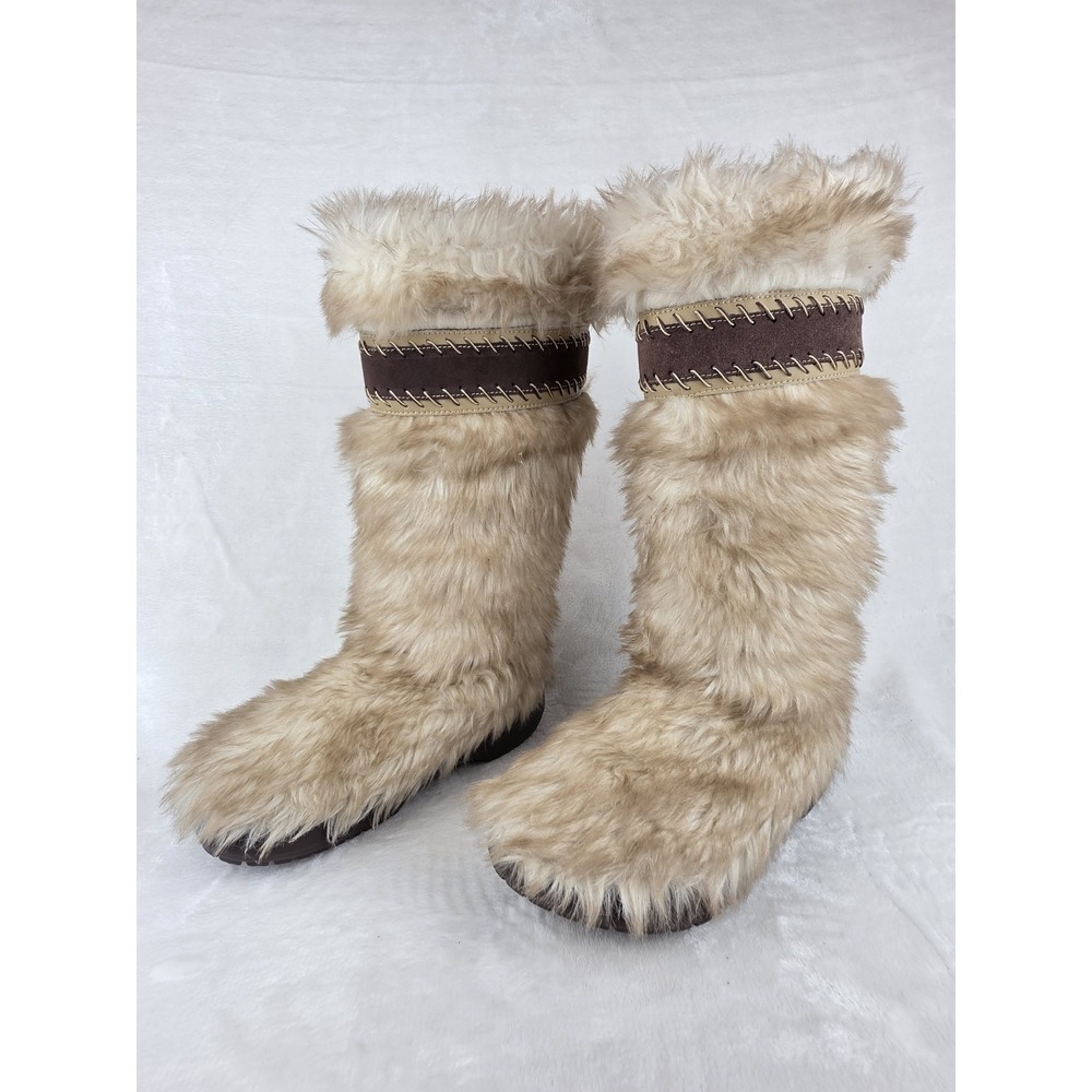 Crocs Tall Faux Fur Winter Boots Womens 7 Tan Fuzzy Yeti Style - Picture 4 of 9